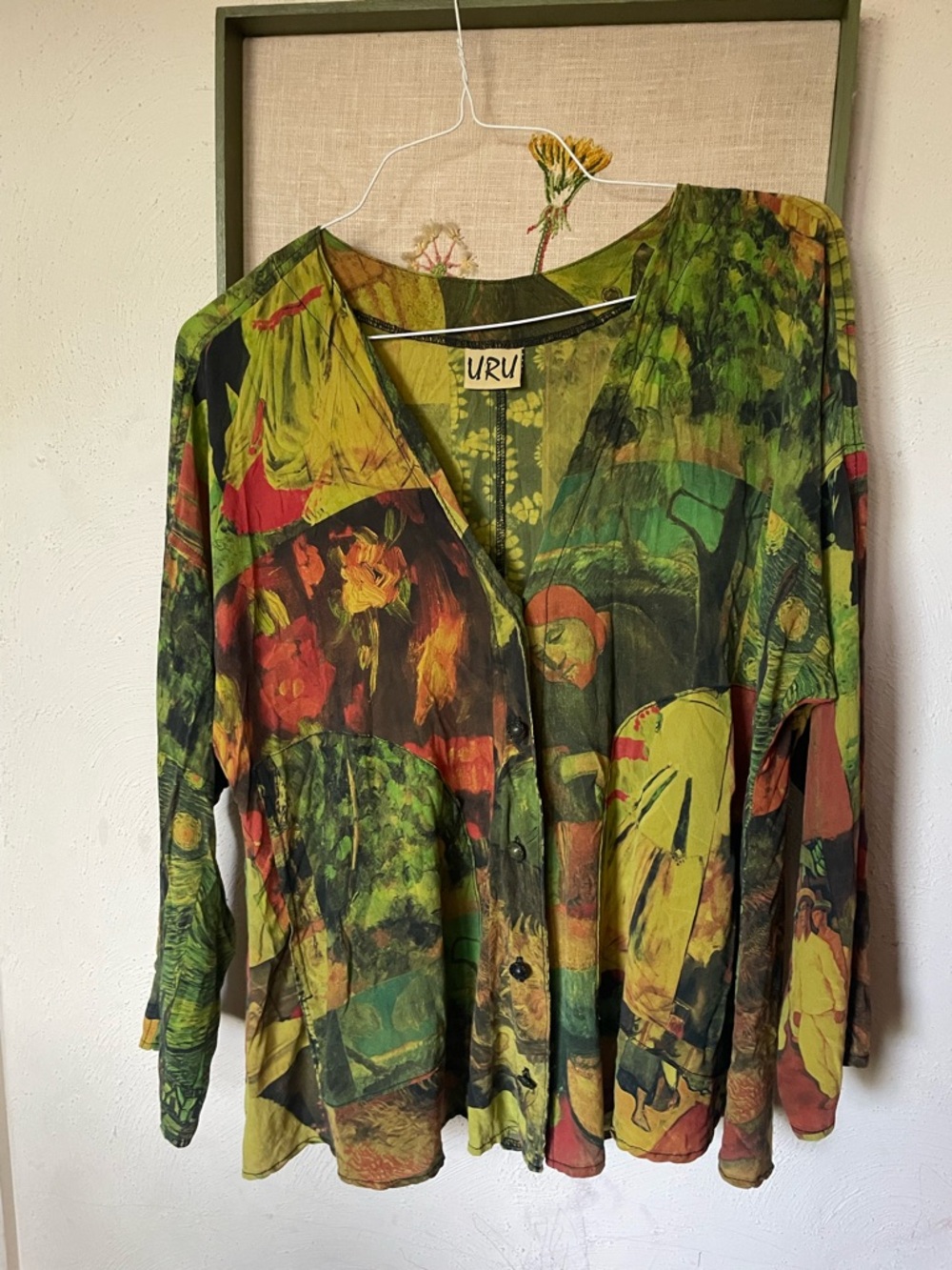 Vintage URU silk top , green paintings printed